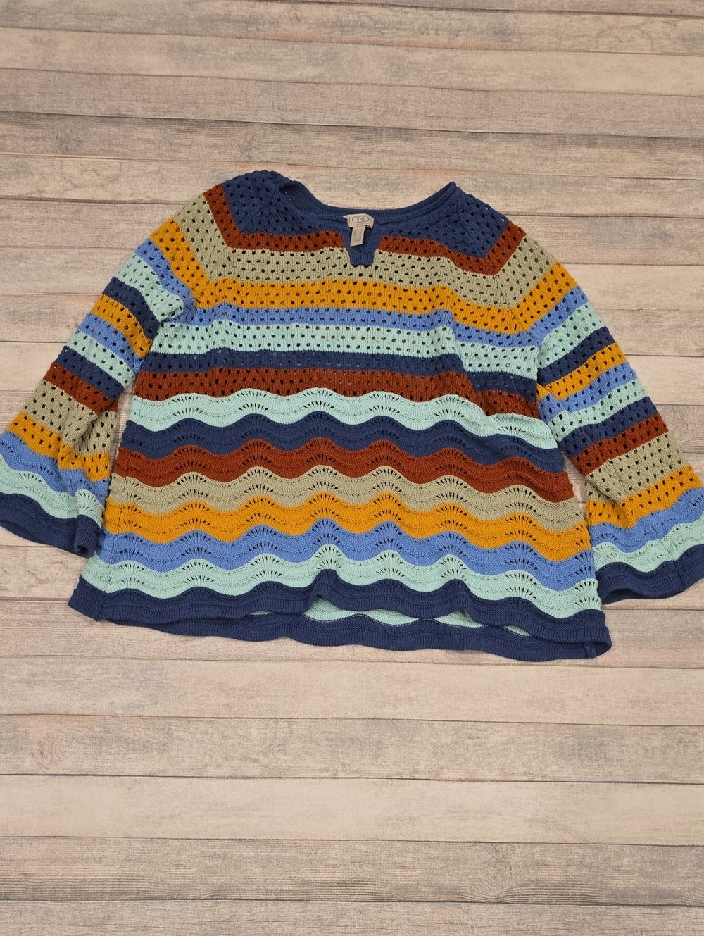 LOGO by Lori Goldstein Woven Wave Stripe Knit Sweater Blue Yellow Green Rust
